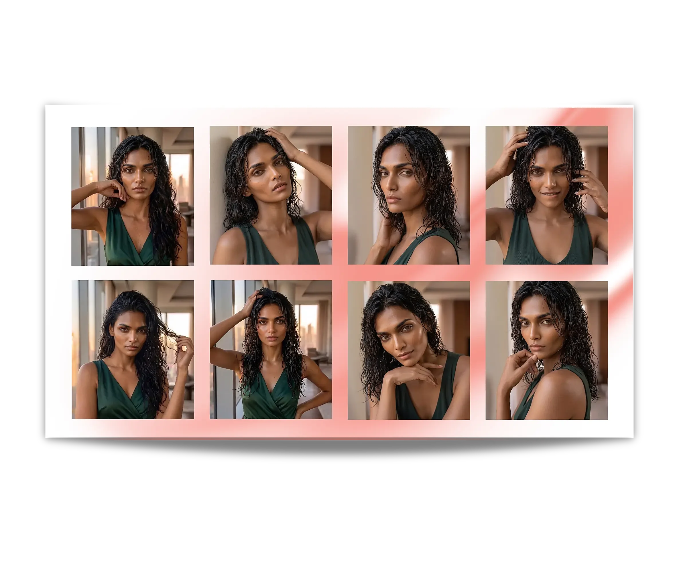 A consistency sheet of Elara across eight frames