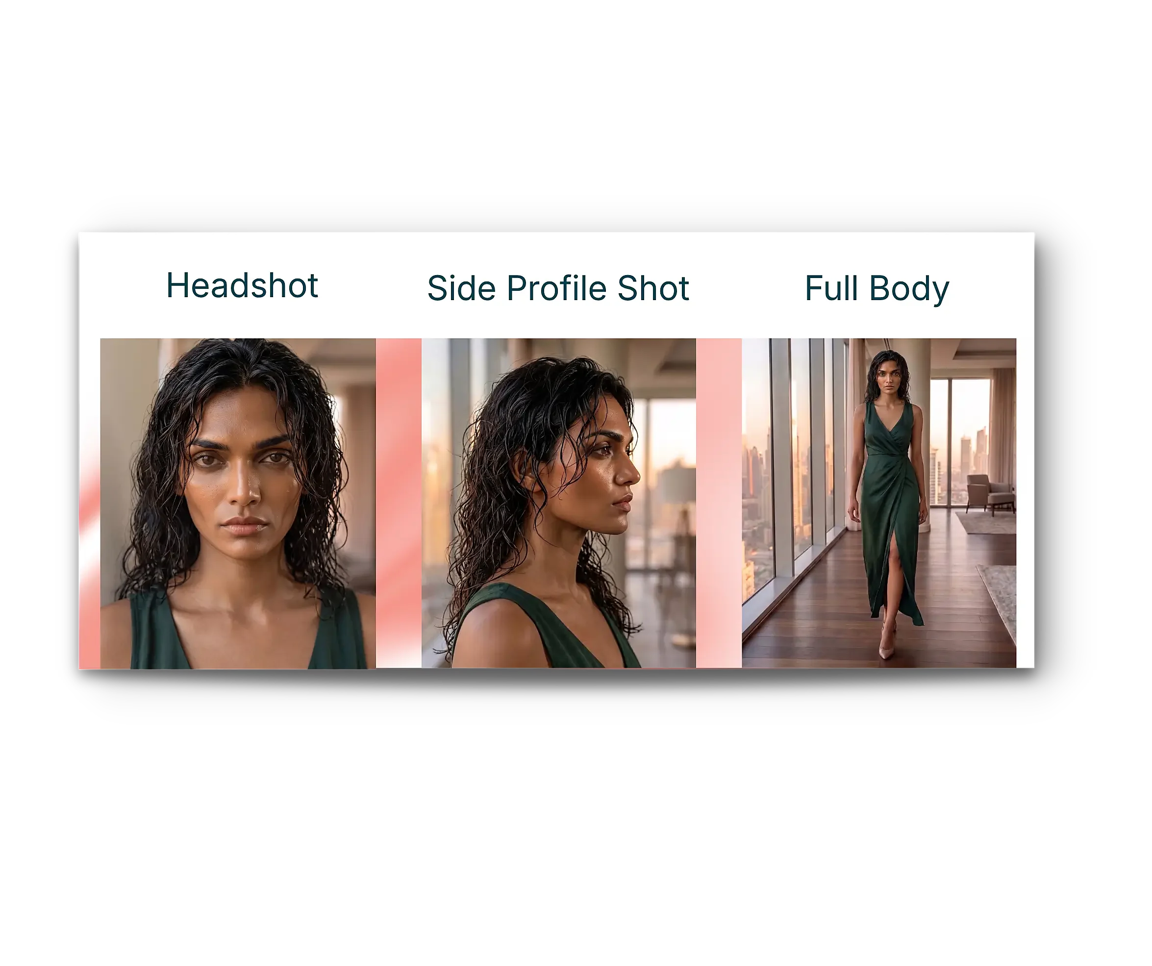 Elara comp card — headshot, side profile and full body