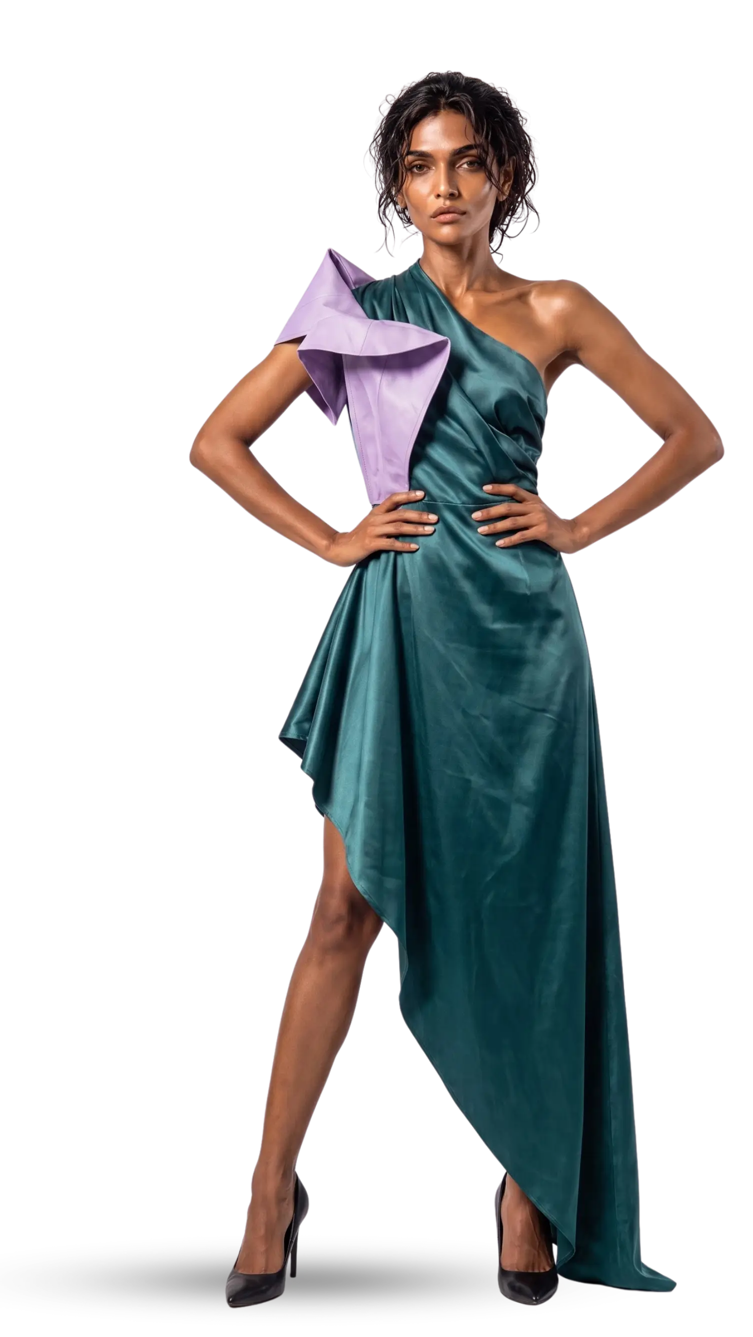 Elara_v01 leading the runway in an emerald gown